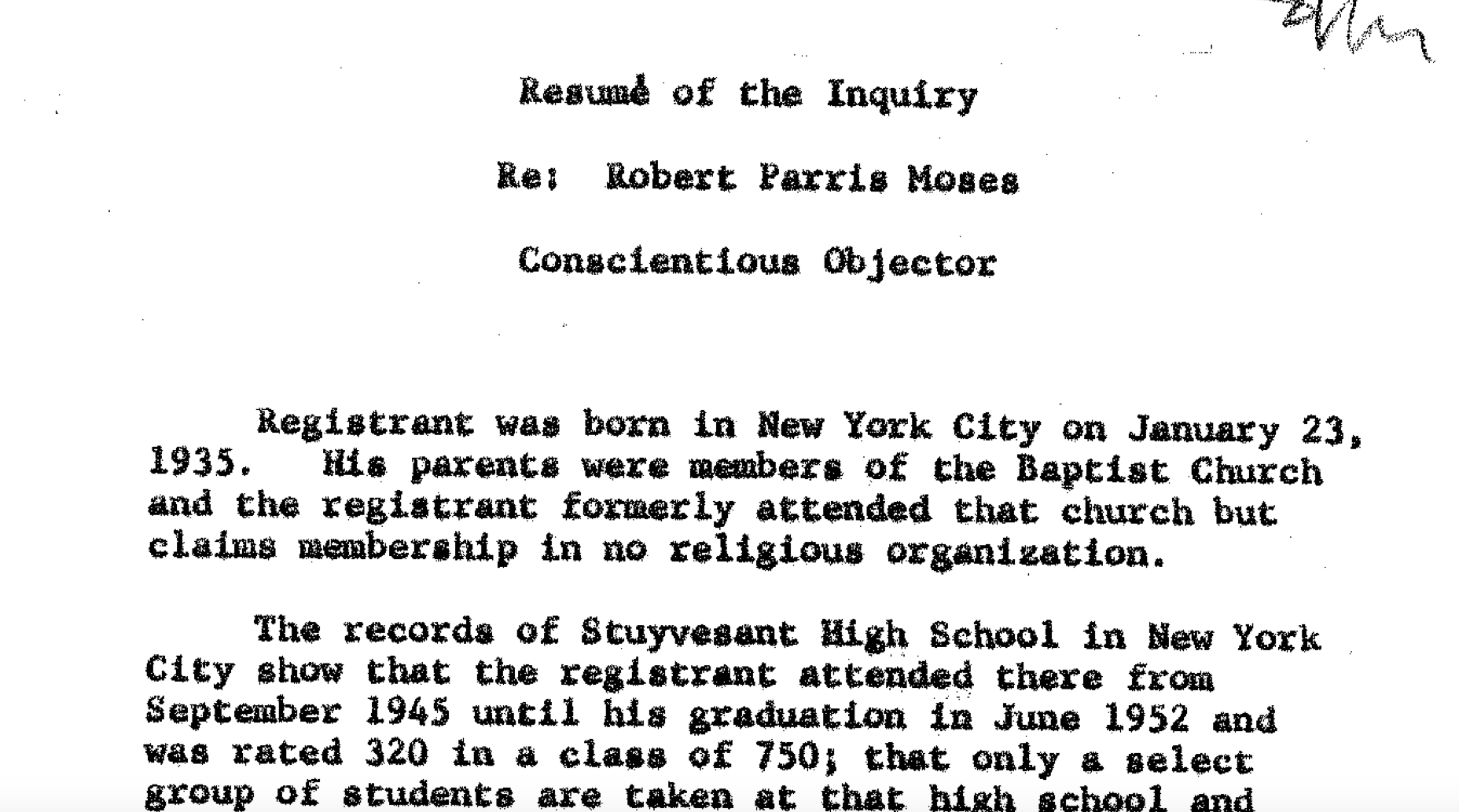 Resume of the Inquiry Re: Robert Parris Moses Conscientious Objector